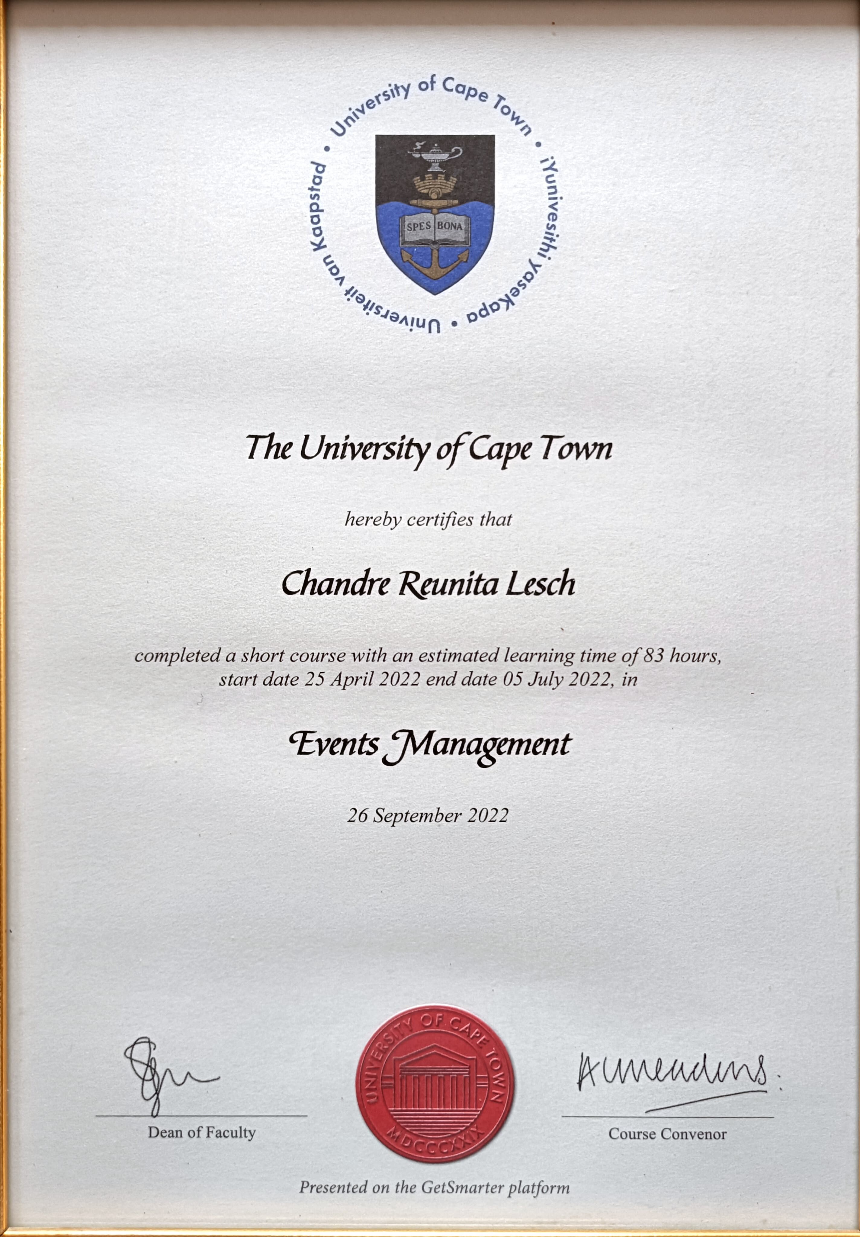 Events Management Certificate